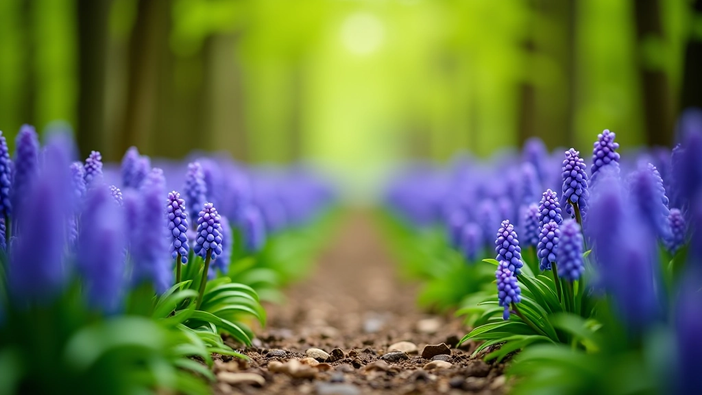 Prachtig uitzicht op het Hallerbos met bloeiende blauwe hyacinten in het voorjaar, natuurlijke omgeving, zachte lichtval