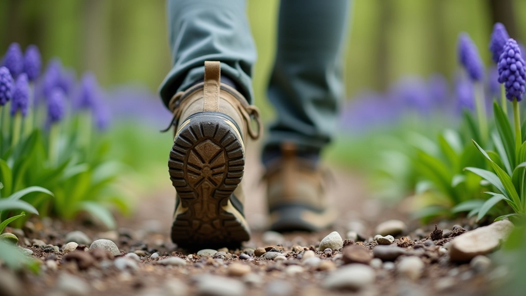 Close-up van gespecialiseerde wandelschoenen met verstevigde hielbak en grip-zool op rotsachtig bergpad