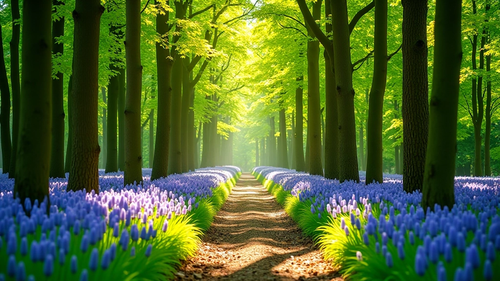 Schilderachtig bospaadje met zonnig licht door boomkruinen, groen gebladerte, rustige sfeer
