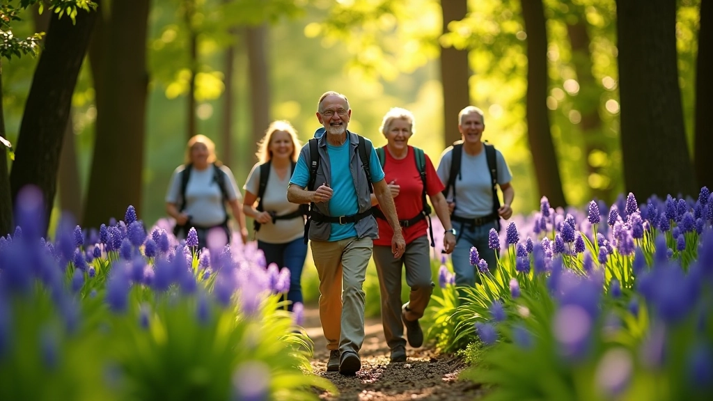 Groep senioren wandelt door het bos