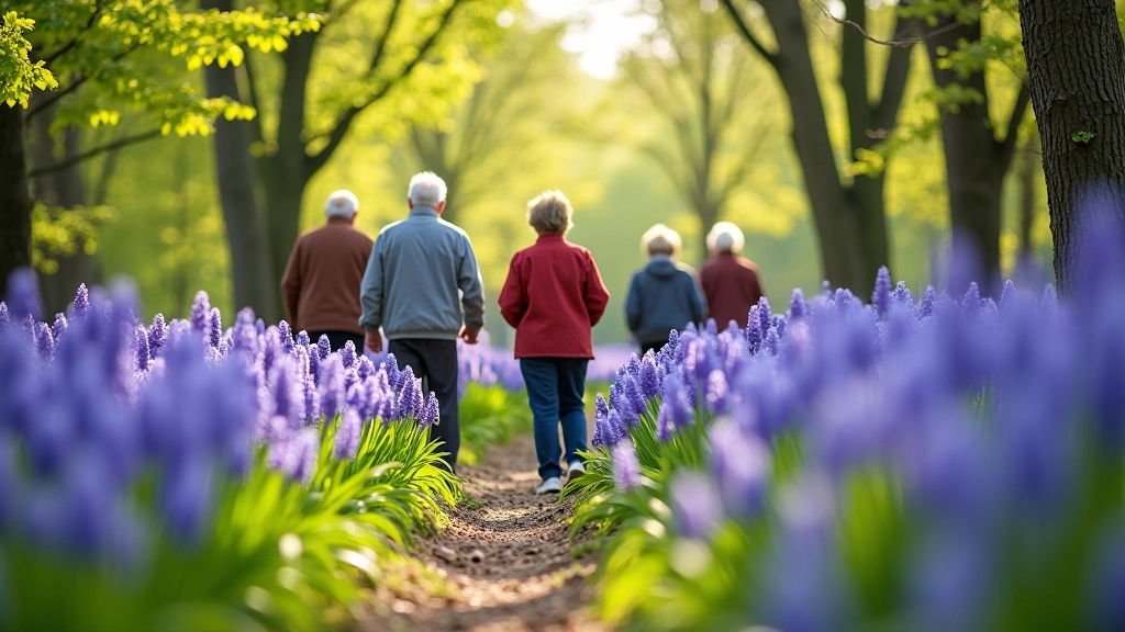 Groep senioren wandelend op bospad door het Hallerbos, zonlicht door bomen