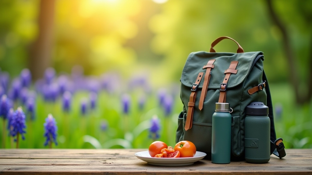 Waterfles en gezonde snacks in een wandelrugzak, inclusief noten en fruit, rustplek in de natuur