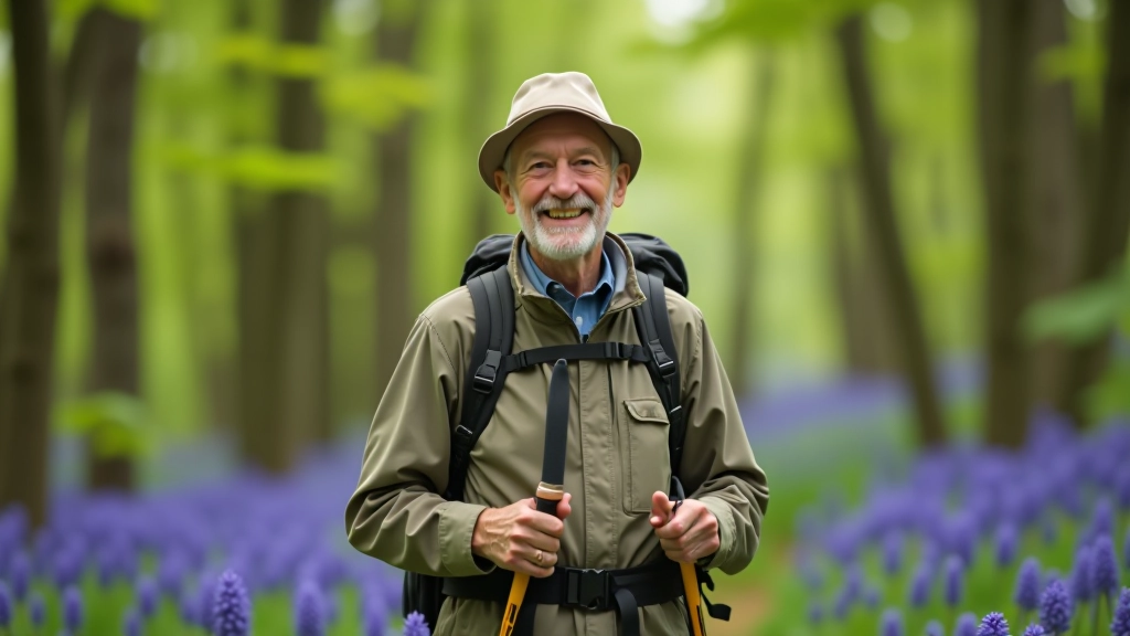 Senior wandelaar met rugzak en wandelstok, staat op bospad, lachend, vriendelijk gezicht, bovenlichaamsshot