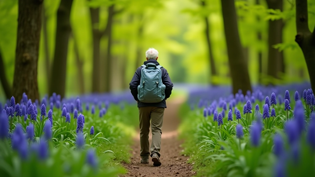 Senior wandelaar met rugzak op bospad, omringd door groene bomen en bloeiende flora