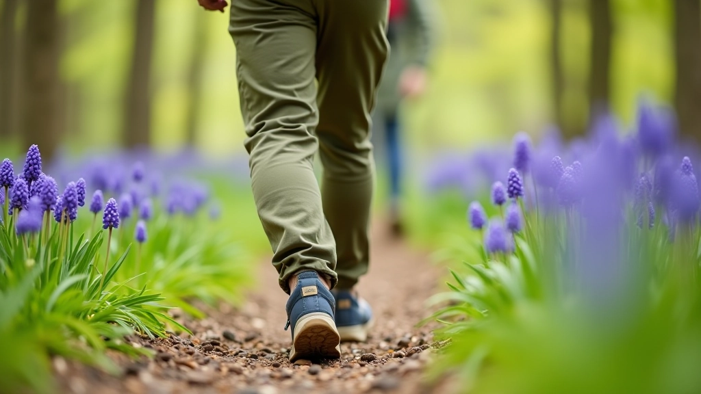 Close-up van gezonde voetgangen op bospad, comfortabele wandelschoenen, sterke benen van senior wandelaar