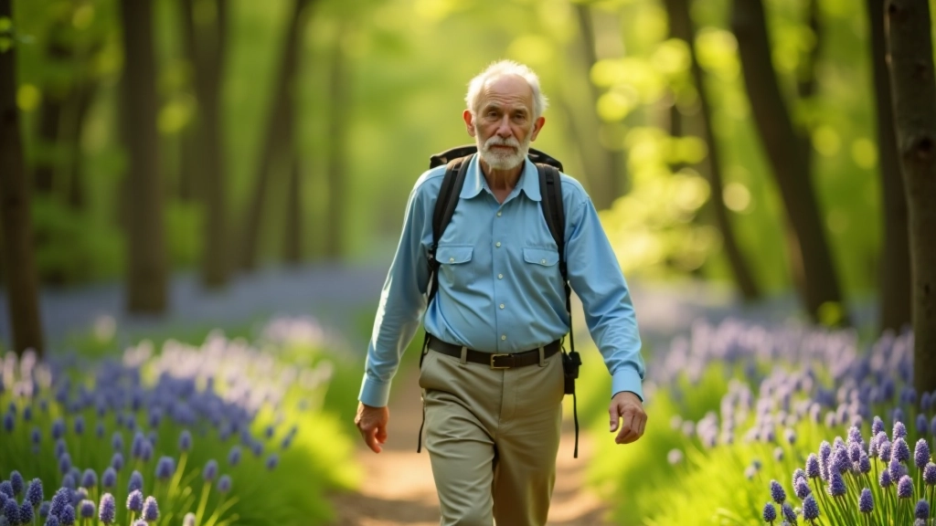 Senior wandelaar loopt op zonnig bospad, gekleed in comfortabele wandelkleding, vol concentratie op de weg