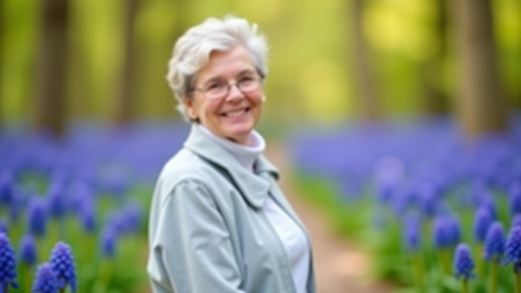 Senior wandelaar staand tussen blauwe hyacinten, genieting en verwondering op het gezicht, zonnig voorjaarsweer