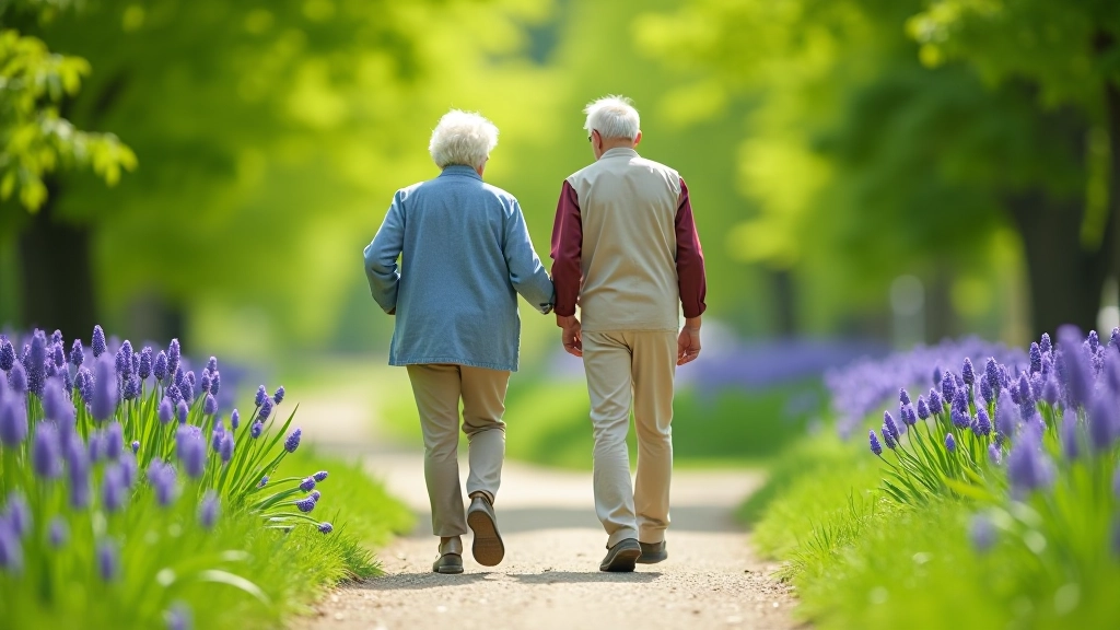 Twee senioren wandelen samen in zonnig park, glimlachend en pratend, gezond en vitaal