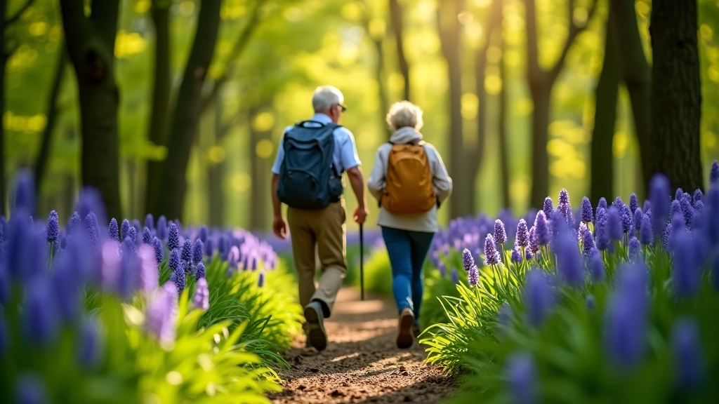 Senioren wandelen door bos met blauwe hyacinten in volle bloei, zonnig weer, vroege lente seizoen