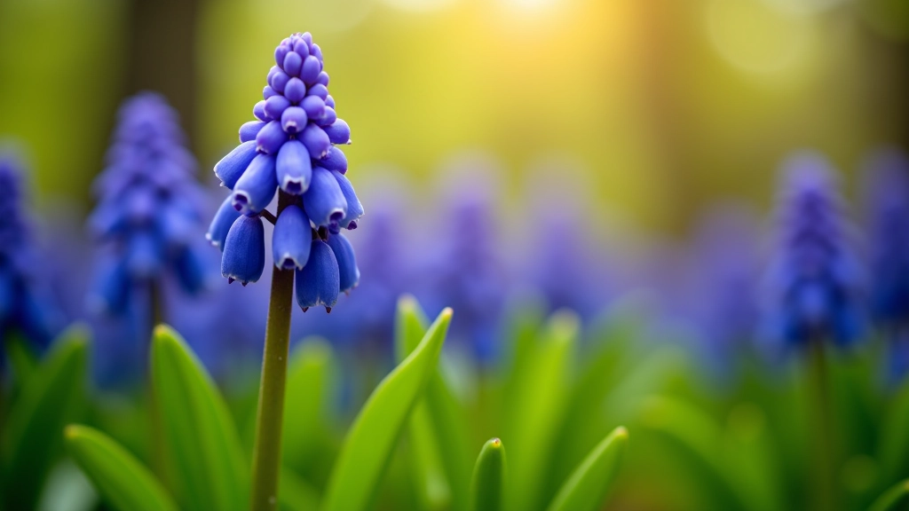 Nabijfoto van blauwe hyacintbloemen in het bos, zonnig voorjaarslicht, scherp detail