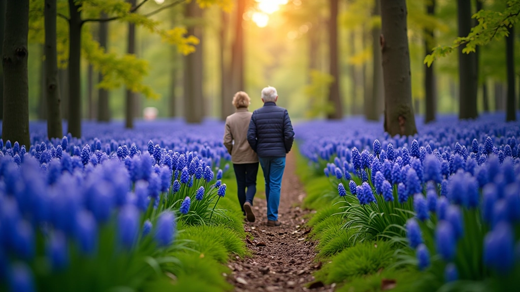 Uitgestrekt veld van blauwe hyacinten in het Hallerbos met wandelpaden ertussenin, lentekleren bezoekers